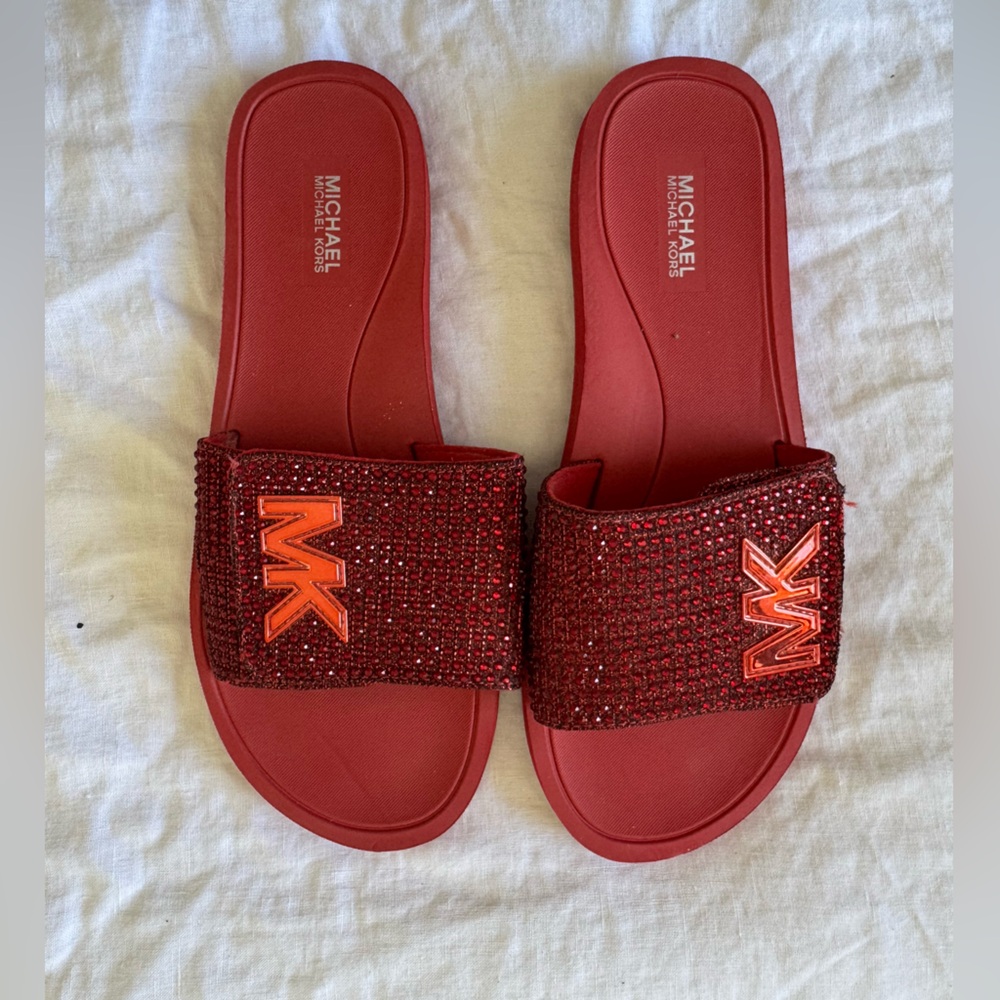 Michael Kors Red Rhinestone Logo Slides MK Slip On Sandals